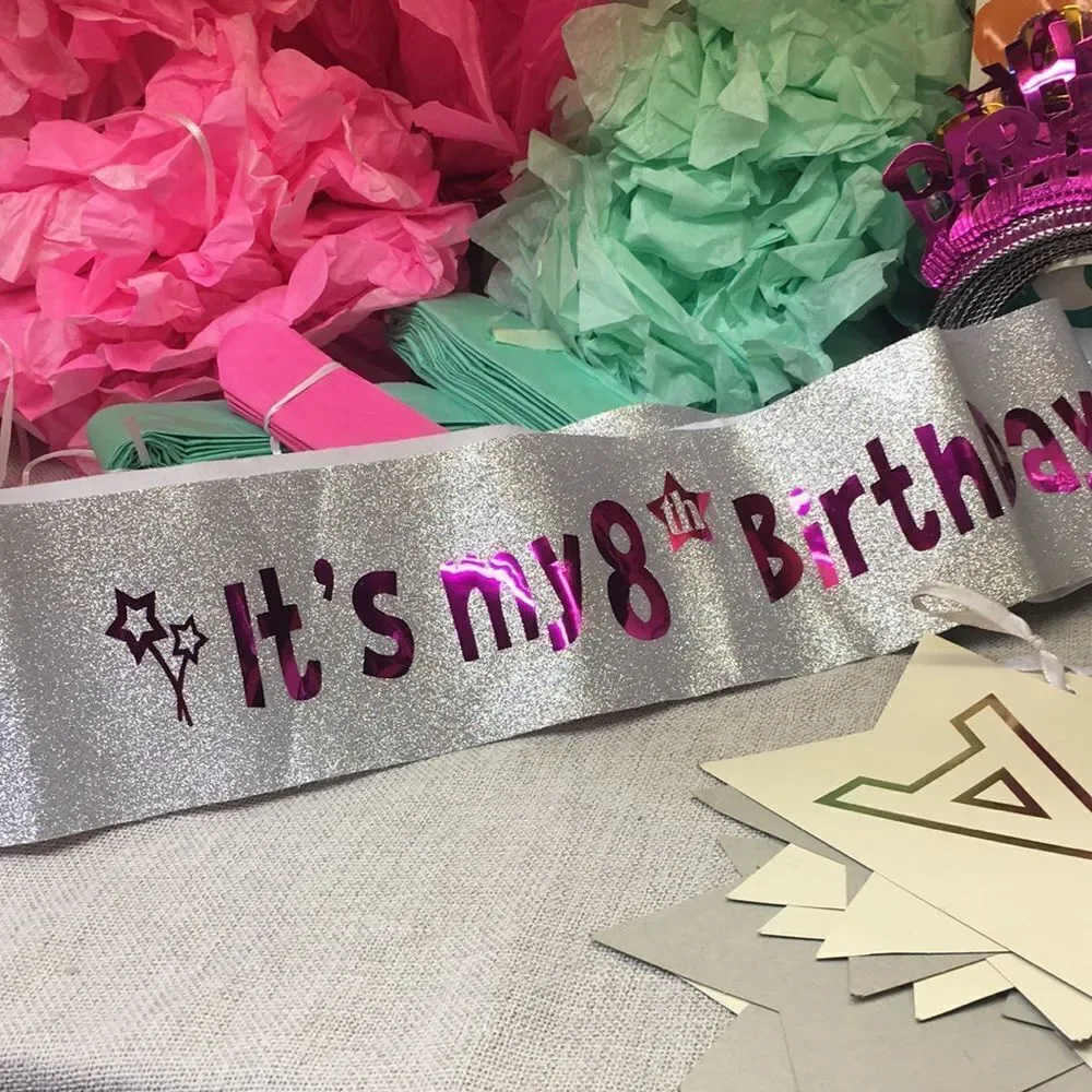 8th birthday party with‎ birthday banner , small decor, tiara and sash